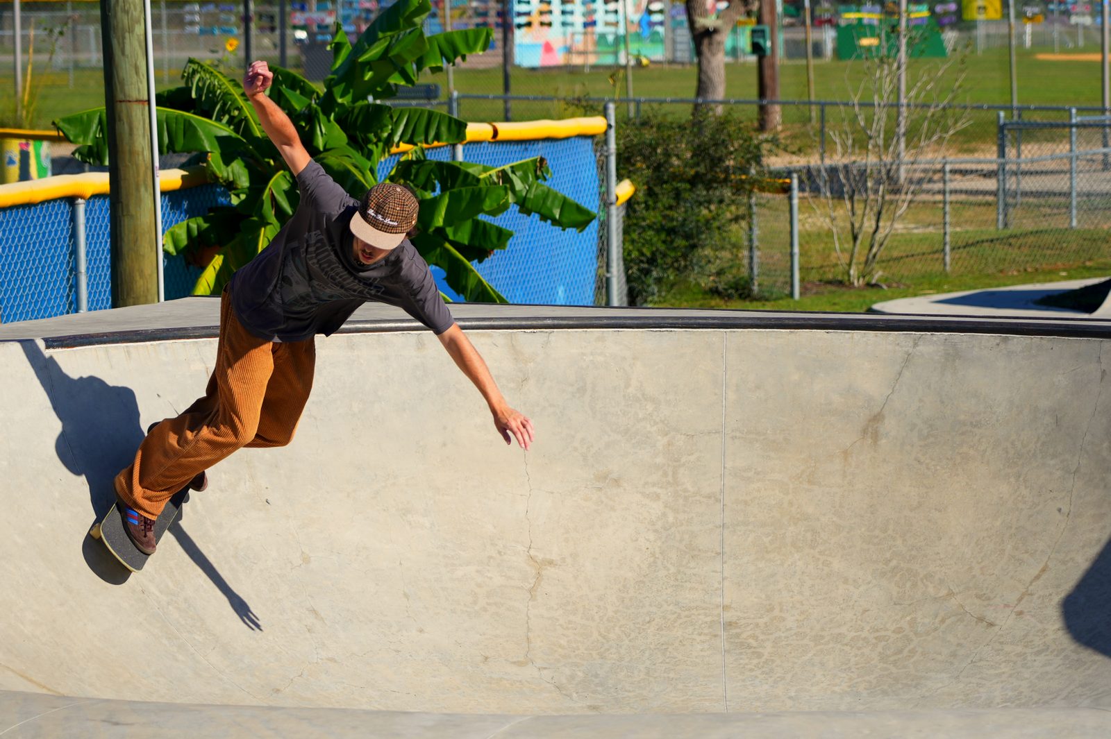 Skater carving the wall of a concrete bowl, arm outstretched